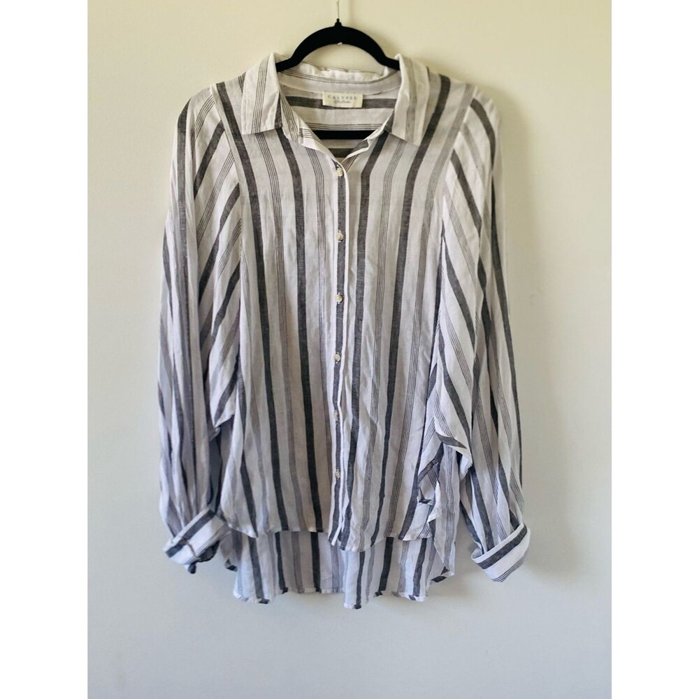 Calypso St. Barth Striped Button-Down White & Gray Linen Blend Coastal